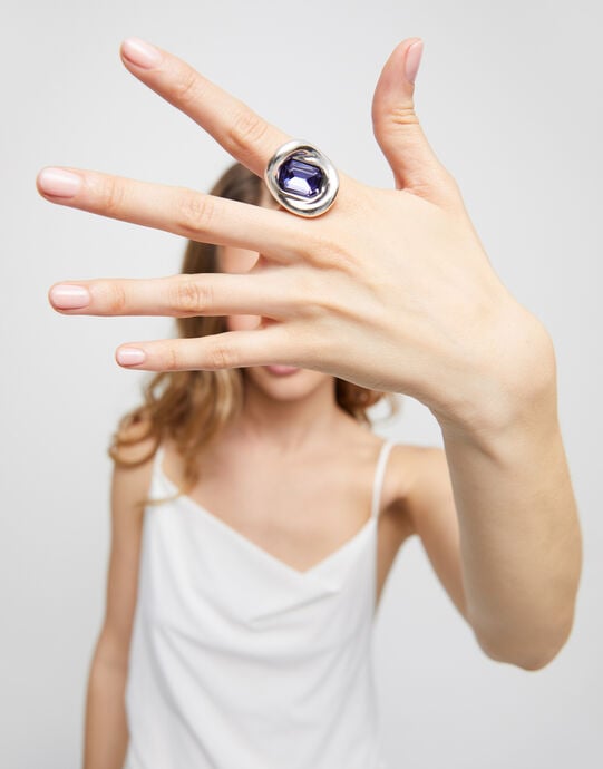Bague plaqu&eacute;e argent avec cristal violet, Argent, large